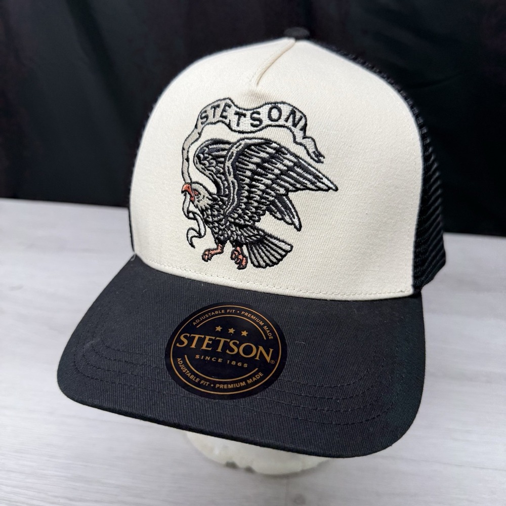 Stetson Eagle A Frame Trucker Hat Black Cream Western Mesh Snapback Cap